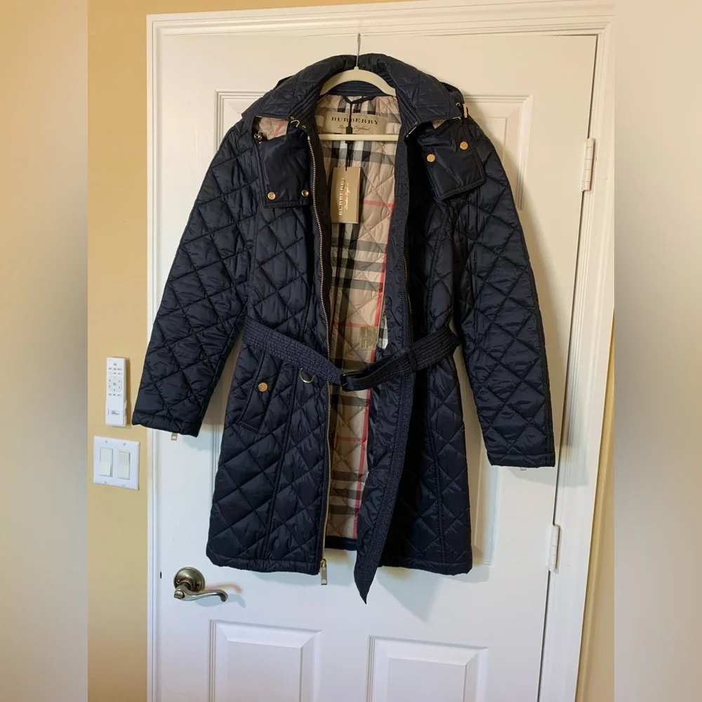 Authentic Burberry Finsbridge‎ Long Quilted Jacket Coat Belted Waist Navy XL NWT - Picture 3 of 13